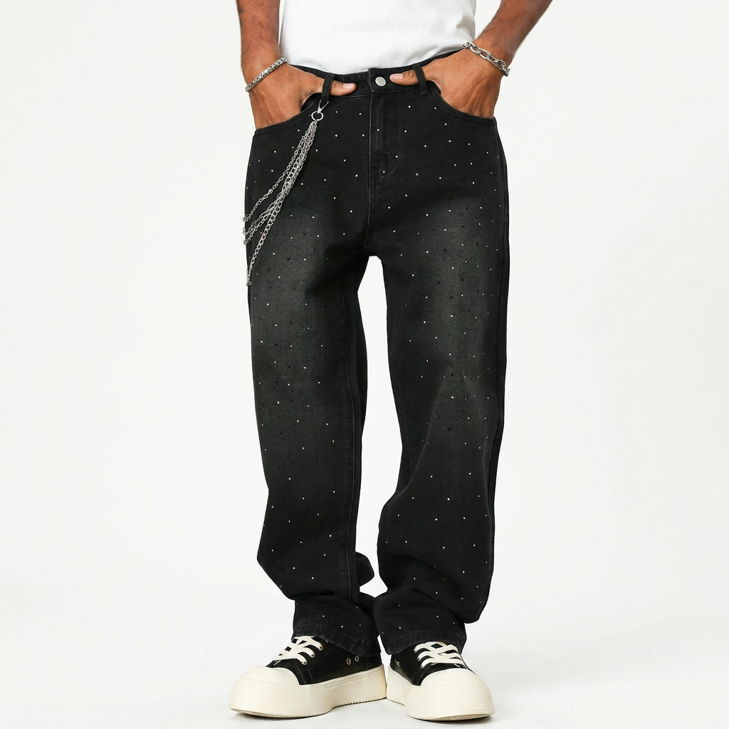 BLACK RHINESTONE CLOUD DENIM JEANS