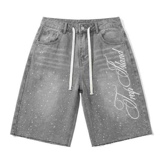 SCRIPT SPLATTER DENIM SHORTS